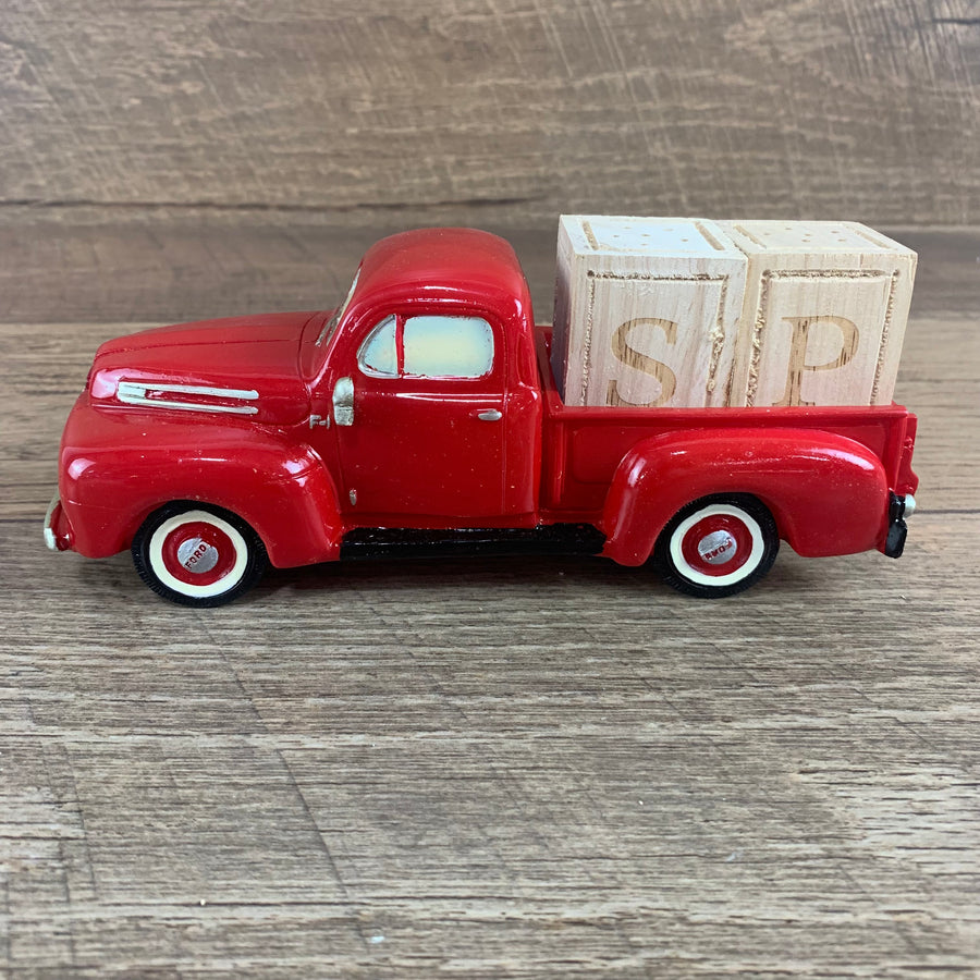 Ford 1948 F-1 Red Pick Up Truck with Salt & Pepper Wood Shakers for truck bed